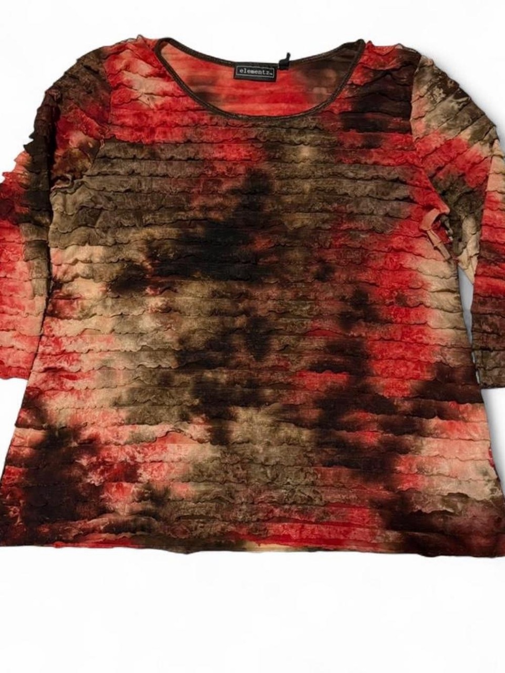 Elementz Red and Brown Textured Ruffle-Style Long Sleeve Top